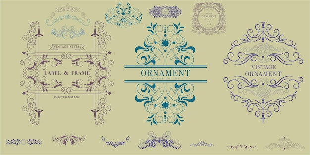 Vector set of decorative vintage thin ornate elements borders frames dividers ornaments