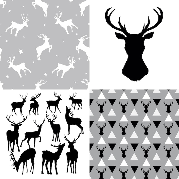 Vector a set of deer heads and patterns collection of wild animal backgrounds