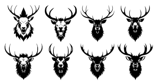 Set of deer heads with open mouth and bared fangs with different angry expressions of the muzzle Symbols for tattoo emblem or logo isolated on a white background