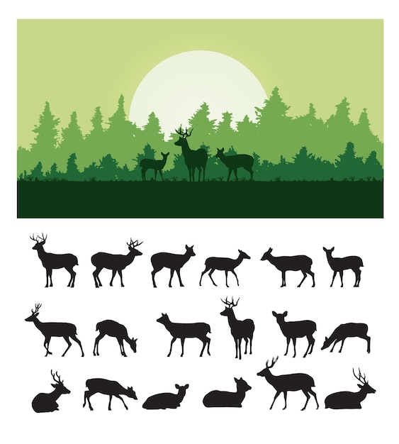 Set of deer silhouette vector