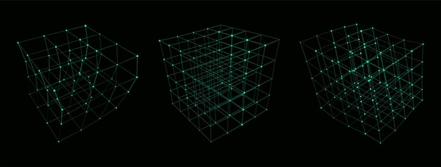 Set of deformed wireframe cube from different sides Vector abstract geometric 3D objects Technology