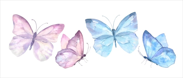 A set of delicate cute pink and blue butterflies watercolor vector illustration