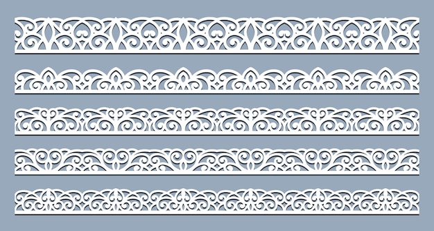 Set of delicate lace borders for design White seamless ribbons on a pink background Vector