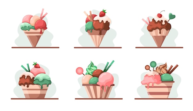 A set of delicious and appetizing ice cream in cups strawberry chocolate and vanilla