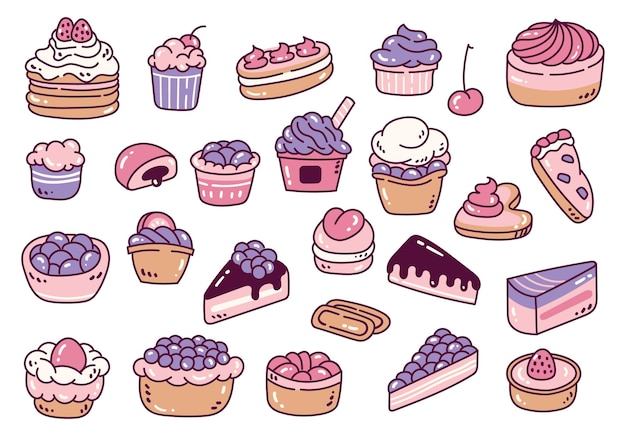 Vector set of delicious desserts doodle icon