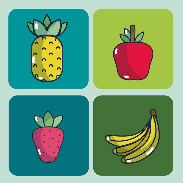 Set of delicious food cartoons collection in squares frames 