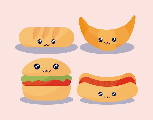 Set di deliziosi hamburger e fast food kawaii personaggio