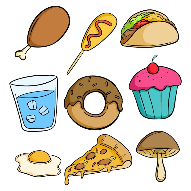 Set of delicious junk food with doodle or hand drawn style