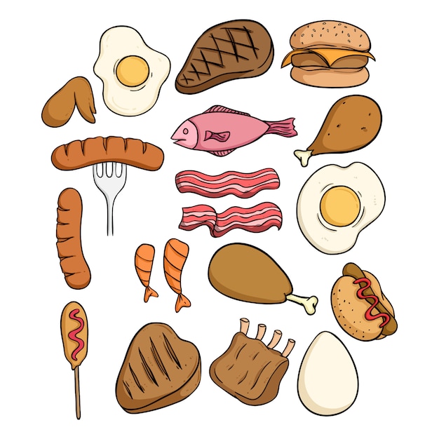 Set of delicious meat with colored doodle style on white