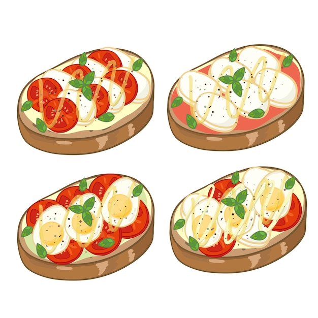 漫画のスタイルで野菜肉ベーコン ベクトルを詰めたおいしいオープン サンドイッチのセット