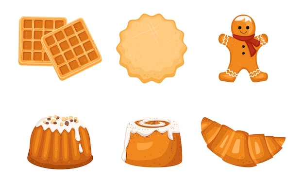 아침 차와 커피를 위한 맛있는 달콤한 패스트리 세트 축제 테이블 패스트리 숍 디자인 벡터 플랫 그림을 위한 크루아상 롤빵과 쿠키