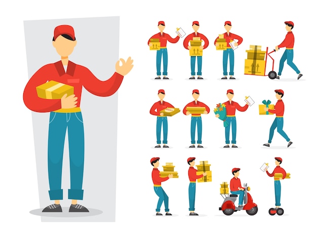 Vector set of delivery man. collection of courier