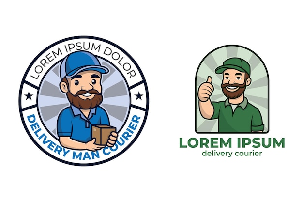 Vettore set di delivery man courier mascotte logo design illustrazione carino delivery man delivery icon design