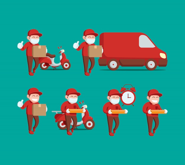 Vector set of delivery man in red wear mask and smiling