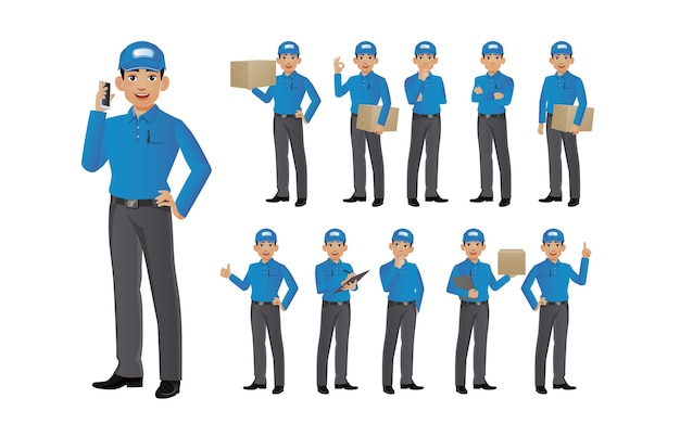 Vector set of delivery person with different poses