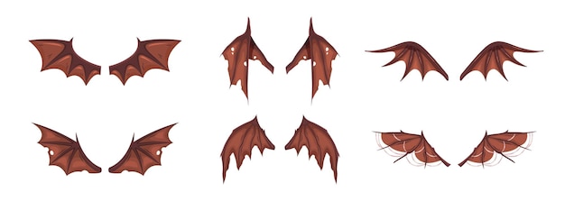 Set of demonic dragons or bat wings Flat cartoon vector illustration
