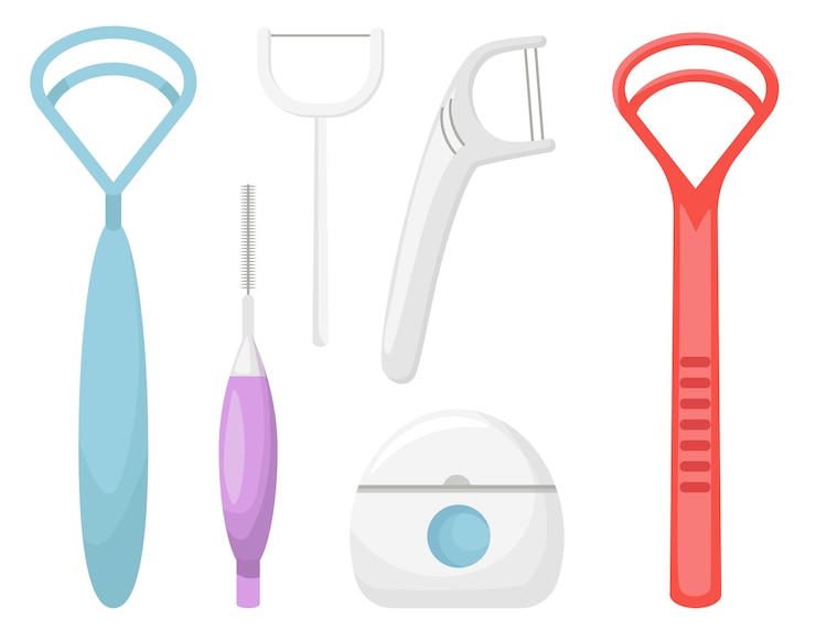 Vector set of dental care icons, oral hygiene individual tools. clean mouth home equipment for teeth cleaning. dental floss and tongue scrapers isolated on white background. cartoon vector illustration