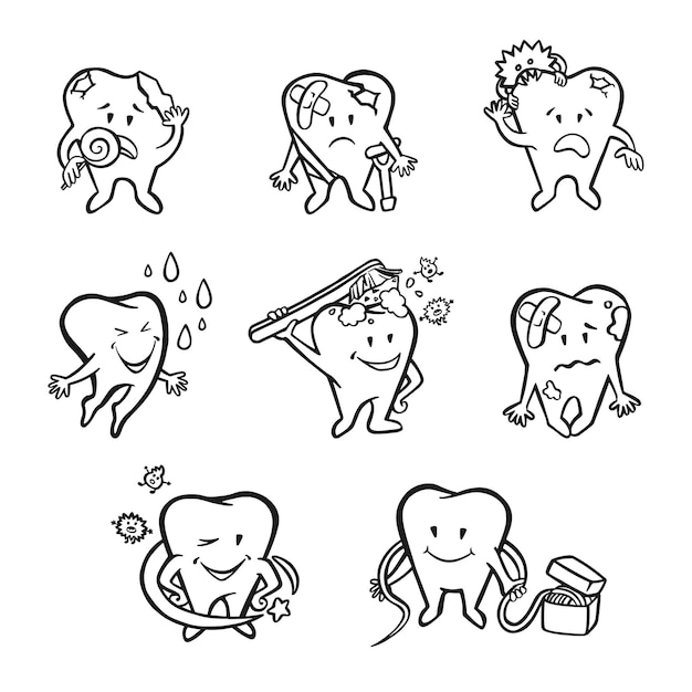 Vector set of dental hygiene characters teeth outline vector