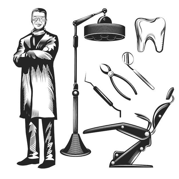 Vector set of a dentist and its equipment isolated on white.