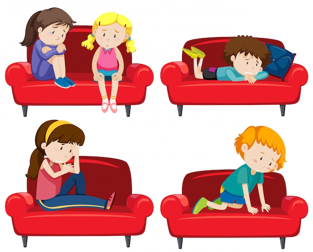 Set of depressed kids on couch