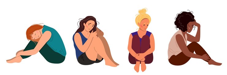 Вектор набор депрессивных молодых несчастных сидящих девушек. женщина разных национальностей понятие о психическом расстройстве. красочные векторные иллюстрации в плоском мультяшном стиле.