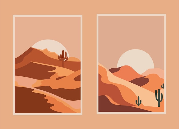 Set of desert landscape posters Vector illustration in flat cartoon style