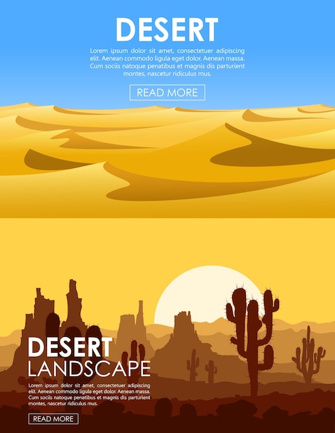 Vettore insieme di paesaggi desertici con dune di sabbia gialle, cactus, montagne e cielo blu. illustrazione vettoriale