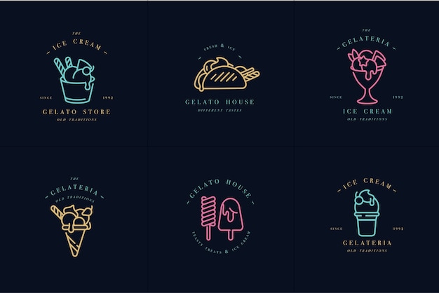 Set design modelli colorati logo ed emblemi - gelato e gelato.colori al neon.