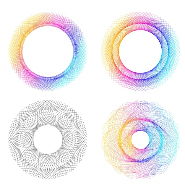 Impostare il cerchio dell'elemento di design colori vettoriali audaci isolati anello dorato da strisce ondulate bagliore astratto di molti vortici scintillanti creati utilizzando l'illustrazione vettoriale dello strumento di fusione eps10 per la presentazione