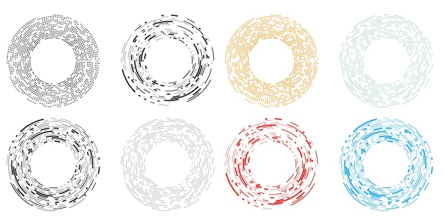 프레젠테이션을 위해 혼합 도구 벡터 그림 EPS10을 사용하여 만든 많은 반짝이는 소용돌이의 추상 광선 물결 모양 줄무늬에서 디자인 요소 원 격리된 굵은 벡터 색상 황금 반지 설정