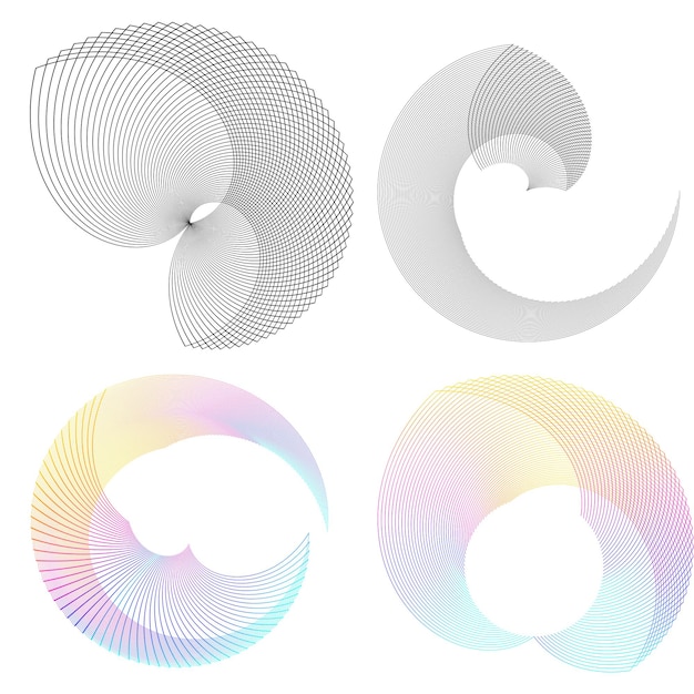 Impostare il cerchio dell'elemento di design colori vettoriali audaci isolati anello dorato da strisce ondulate bagliore astratto di molti vortici scintillanti creati utilizzando l'illustrazione vettoriale dello strumento di fusione eps10 per la presentazione