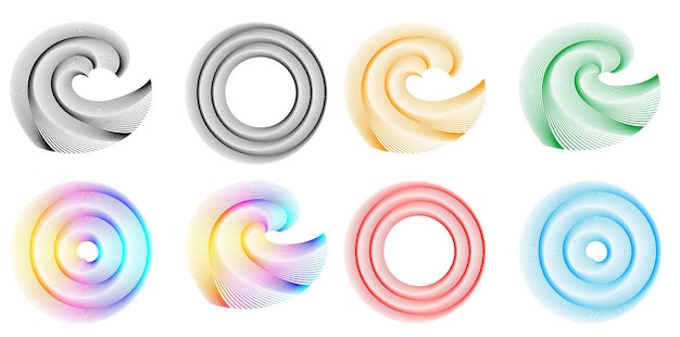 Vettore impostare il cerchio dell'elemento di design colori vettoriali audaci isolati anello dorato da strisce ondulate bagliore astratto di molti vortici scintillanti creati utilizzando l'illustrazione vettoriale dello strumento di fusione eps10 per la presentazione