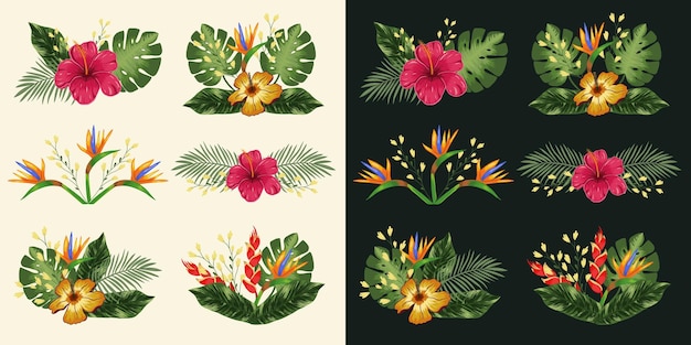 Set design element with tropical flowers hibiscus heliconia and strelitzia leaves palm and monstera