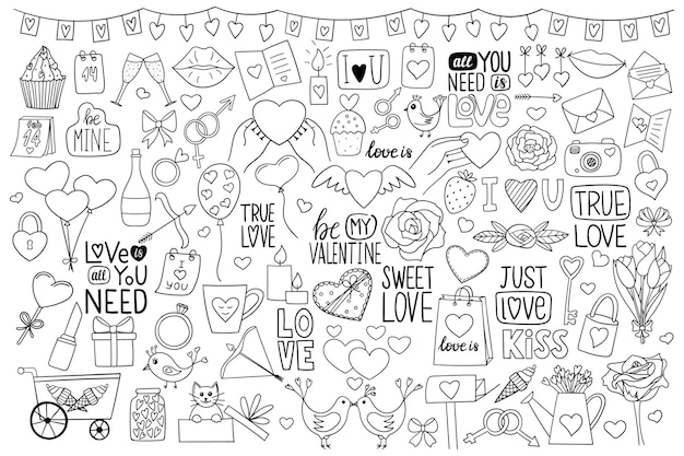 Insieme di elementi di design in stile doodle. san valentino. illustrazione in bianco nero