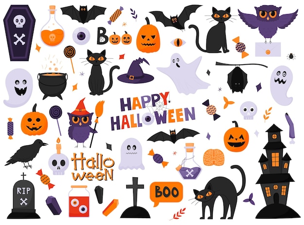 A set of design elements for Halloween Pumpkins owls cats ghosts hat poison bats Purple orange colors Flat cartoon vector illustrations isolated on a white background