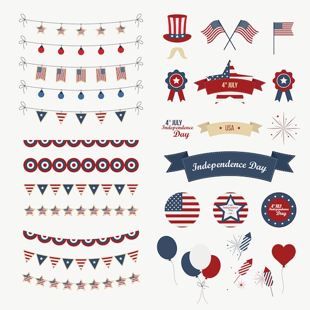 A set of design elements for independence day. 4th of july objects, element. isolated on white. vector icons.