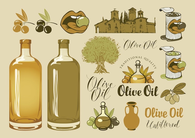 Vettore set di elementi di design per l'olio d'oliva