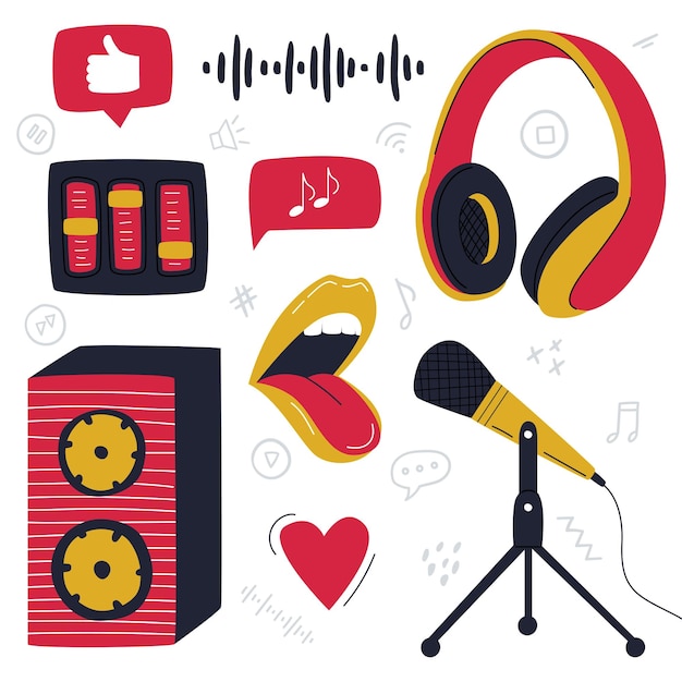 A set of design elements of a podcasting musical recording equipment Overear headphones a loudspeaker a microphone on a stand with wire Color flat vector illustrations isolated on white