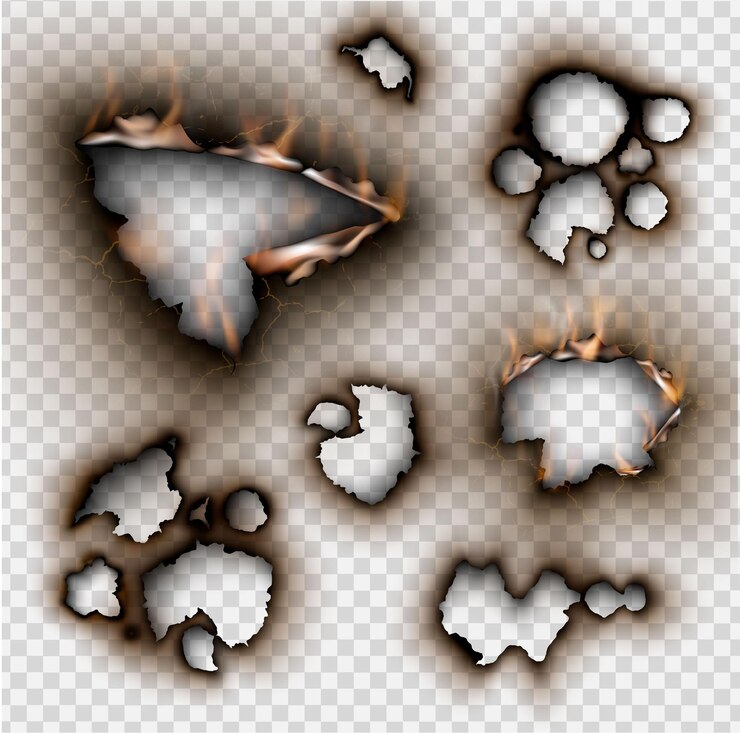 Vector set of design elements torn paper with fire