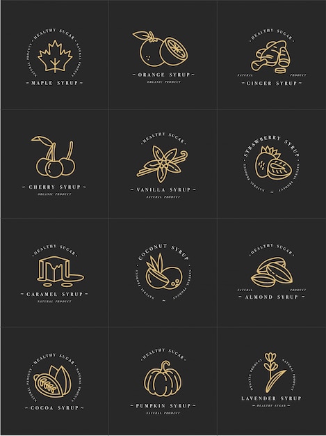 Набор дизайн золотых шаблонов логотипа и эмблемы - сиропы и начинки. Значок питания. Логотипы в модном линейном стиле, изолированные на белом фоне.