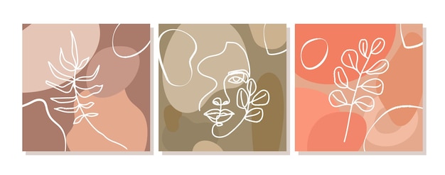 Набор дизайнерских иллюстраций с женским лицом и листьями в одну линию