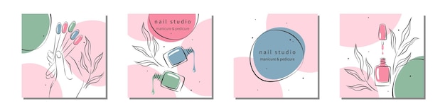 Vector set of design for nail studio or salon. beautiful female hands and nail polish.