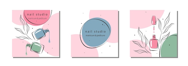 Set of design for nail studio for social media posts and stories Nail polish nail brush