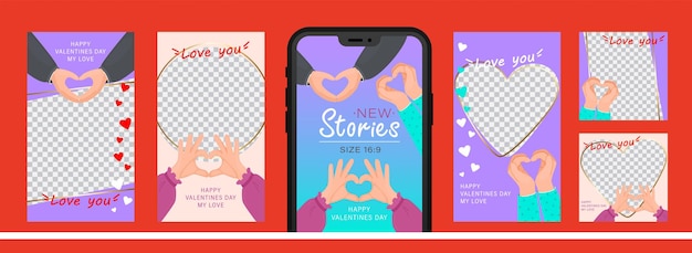 Set of design for stories with I love you heart sign. Editable template for social networks stories.