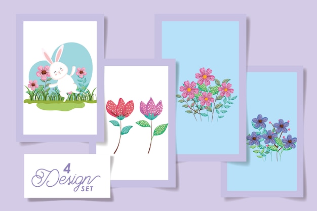 Set  designs of easter bunny with flowers