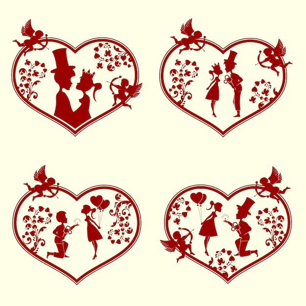 Set of designs from the silhouette of the heart with the cupids the two lovers boy and girl