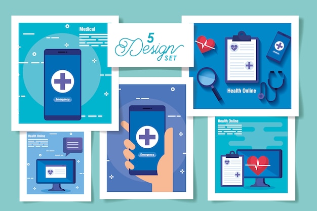 Set  designs of medicine online and icons