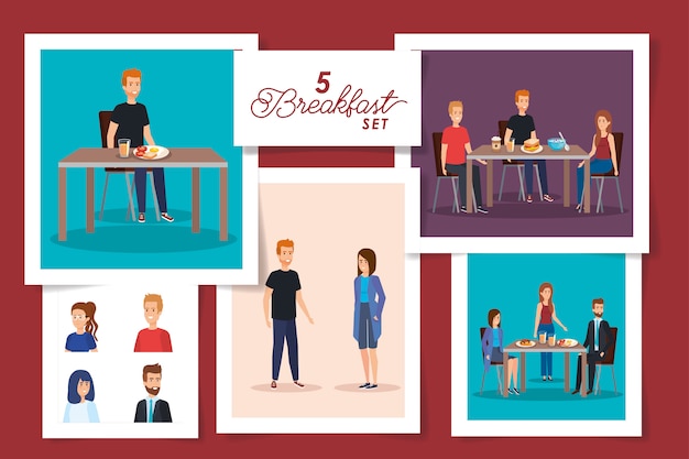 Vector set  designs of people in the breakfast