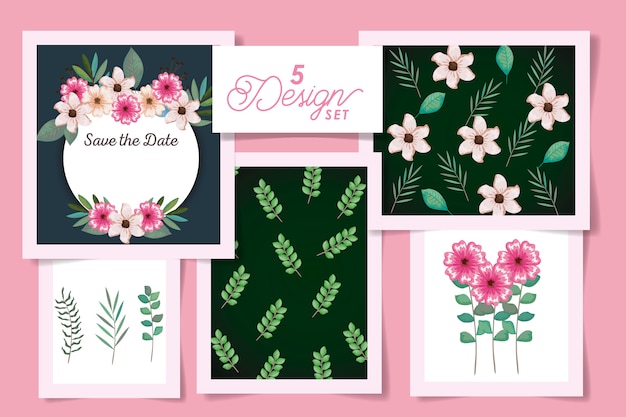 Set designs of wedding invitation card and flowers