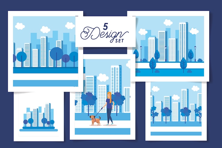 Vector set  designs of young woman and cityscapes